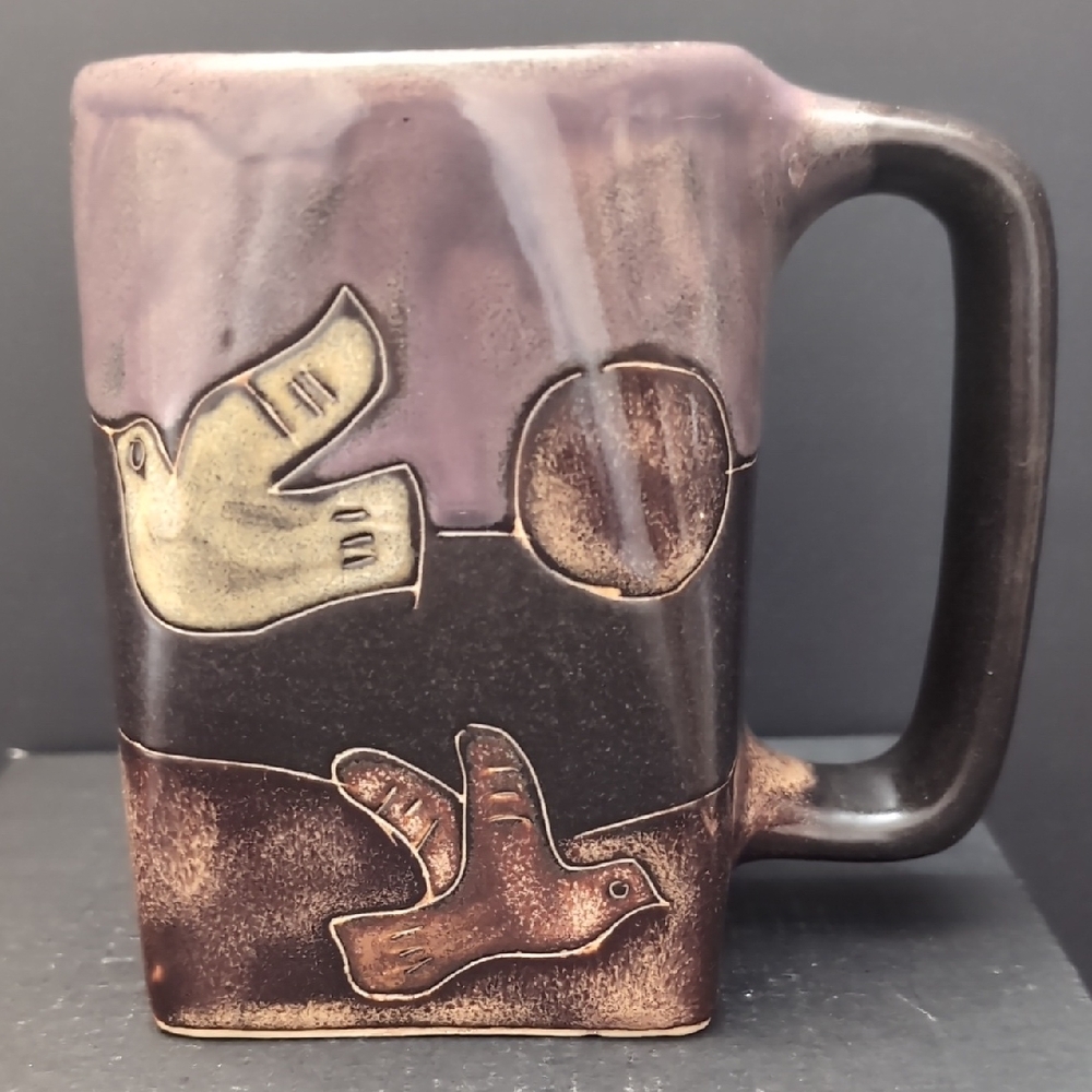 Mexican Pottery/Stoneware Handmade Purple/Brown Flying Birds Mug.